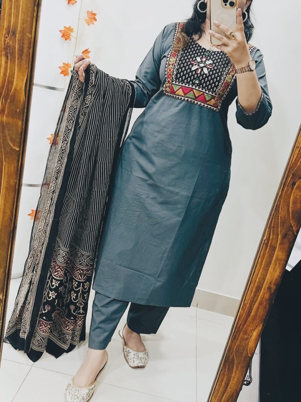 Women’s Black Cotton Kurta Pant Dupatta Set Embroidered Ethnic Indian Suit