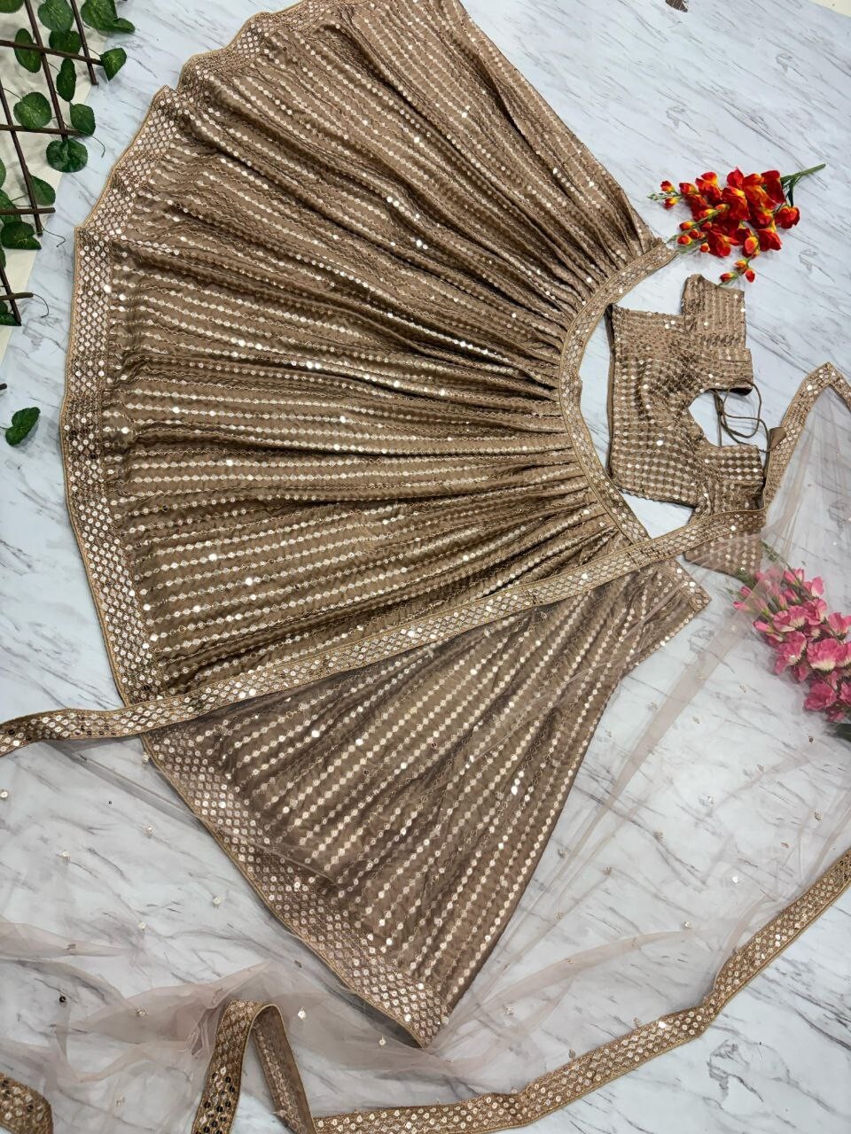 Stylish Look Dusty Brown Karishma Silk Lehenga Choli With Dupatta For Women