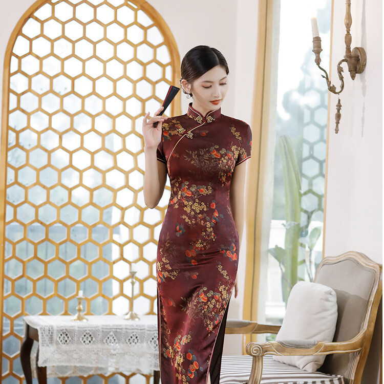 Chinese Traditional Silk Qipao Dress Women Summer Long Cheongsam Stage Costumes