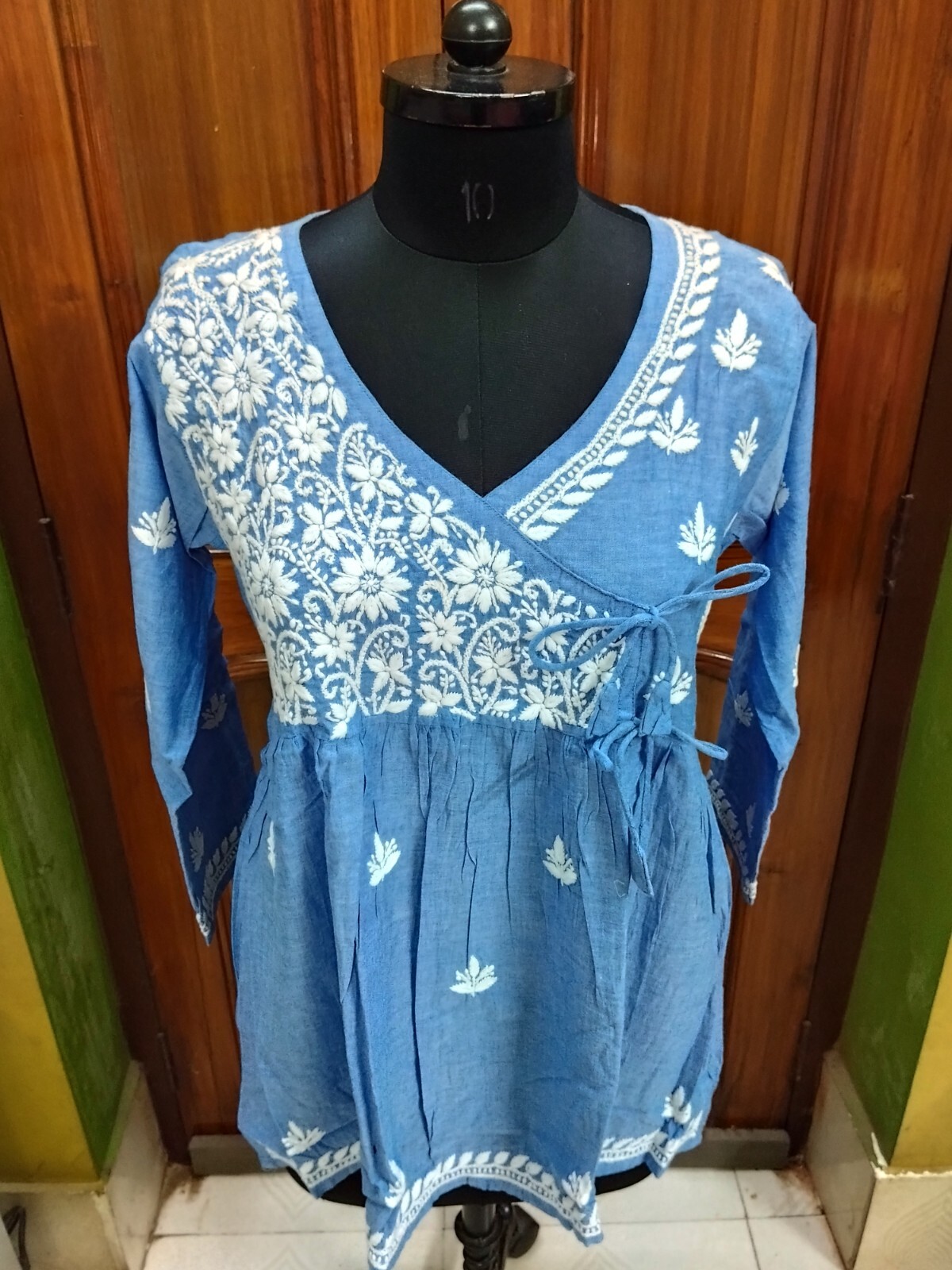 ANGRAKHA XS S XL 2XL TUNIC DENIM 100% COTTON ETHNIC CHIKAN EMBROIDERY TOP KURTI