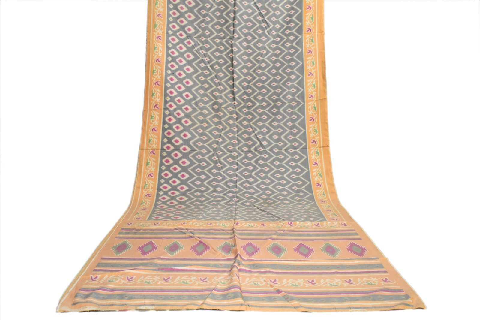 FNC Vintage Saree Gray Sambhalpuri Hand Woven Ikat Printed Silk Sari Fabric 5YD