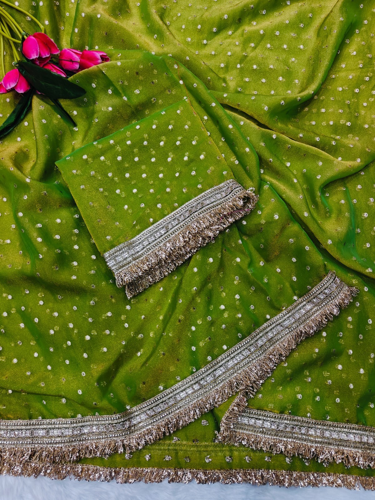 Women Shimmer Organza Silk Saree Heavy Lace Border Party Wear Designer Piece