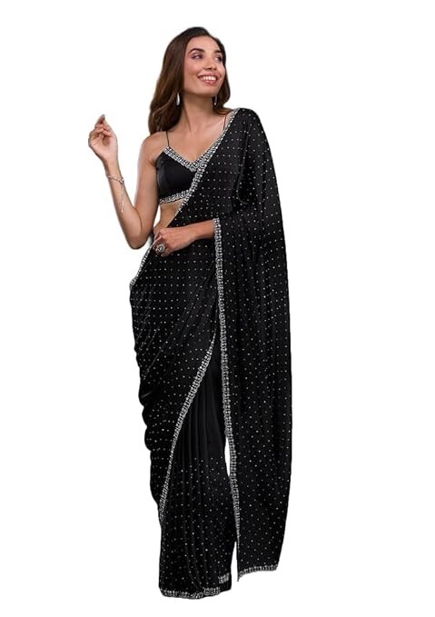 Women’s Hot Fix Solid Color Satin Moss Saree With Unstitched Blouse Material