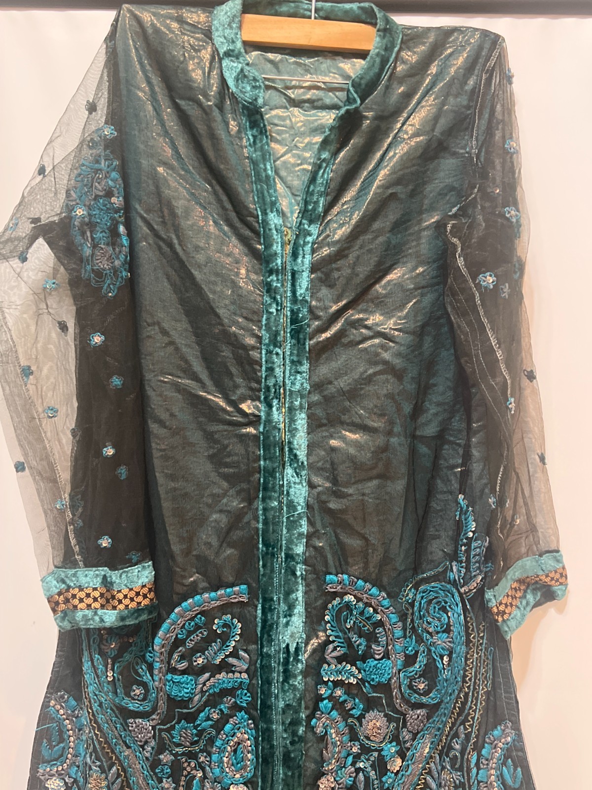 Teal Embroidered Kurta Tunic Dress Sheer Sleeves Pit to Pit 21