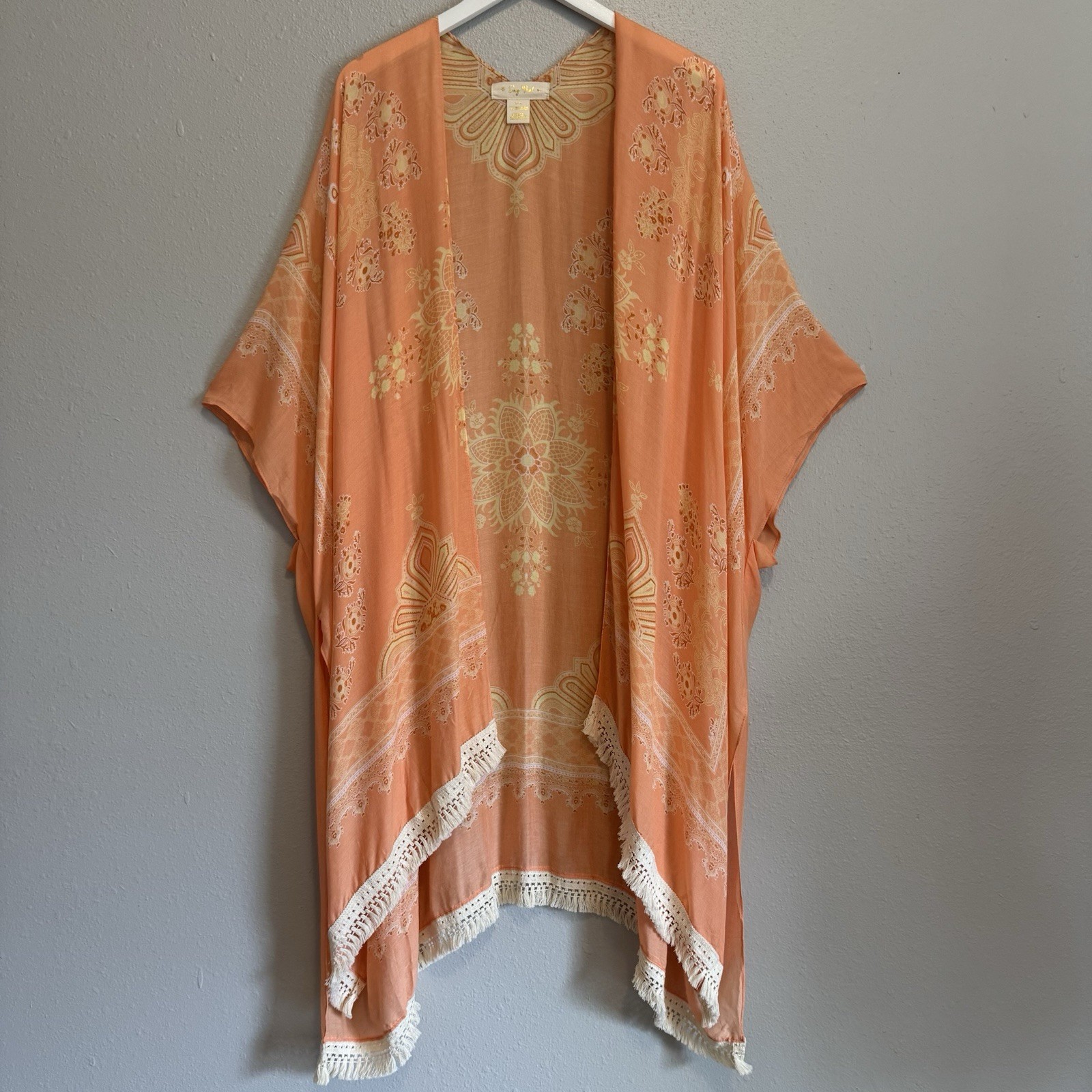 Say What Boho Mandala Tassel Kimono Duster L/XL Peach Lagenlook Fringe Artsy