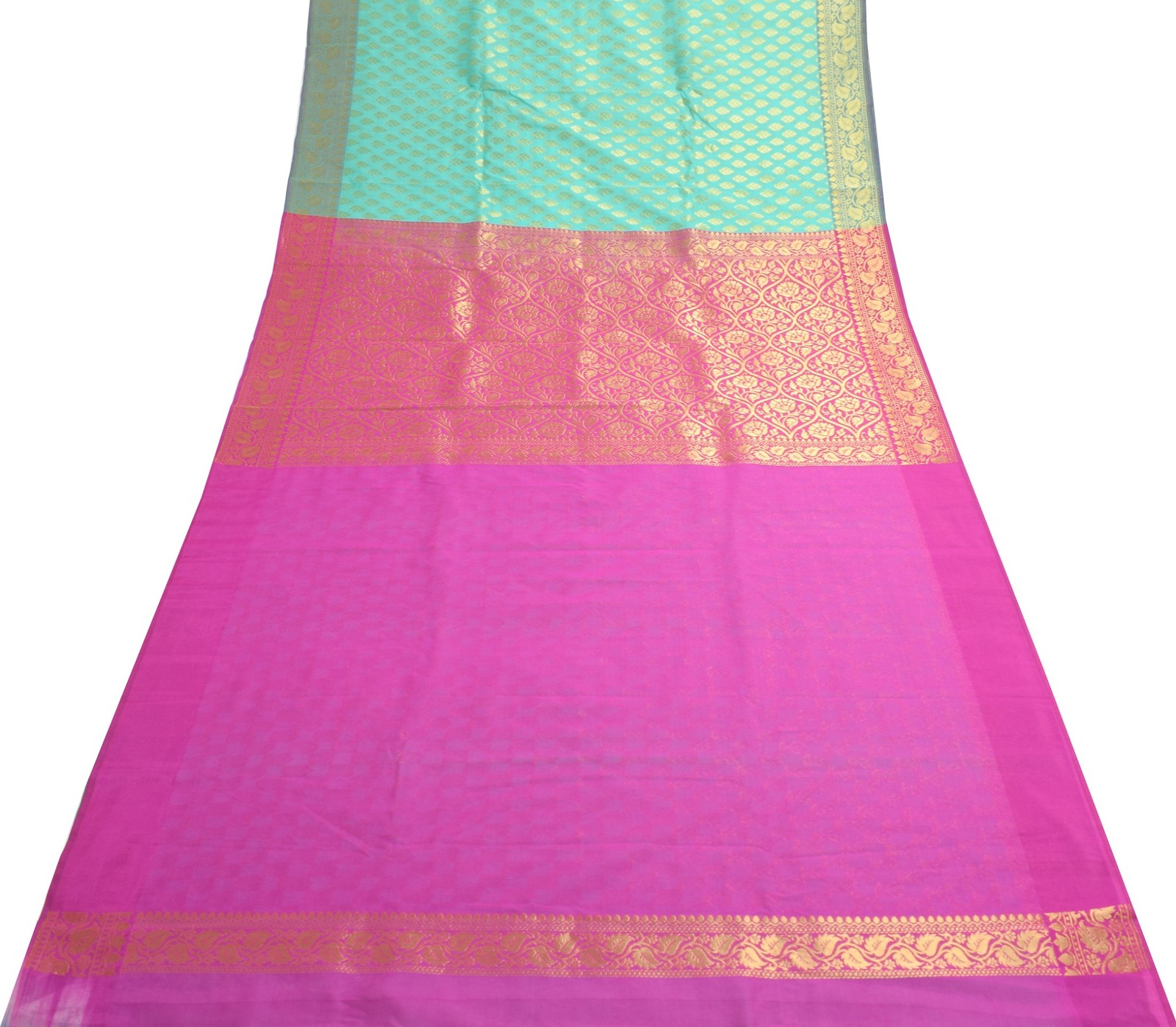 Indian Aqua Green Banarasi Sari Art Cotton Saree Blouse Fabric Gold Zari Woven