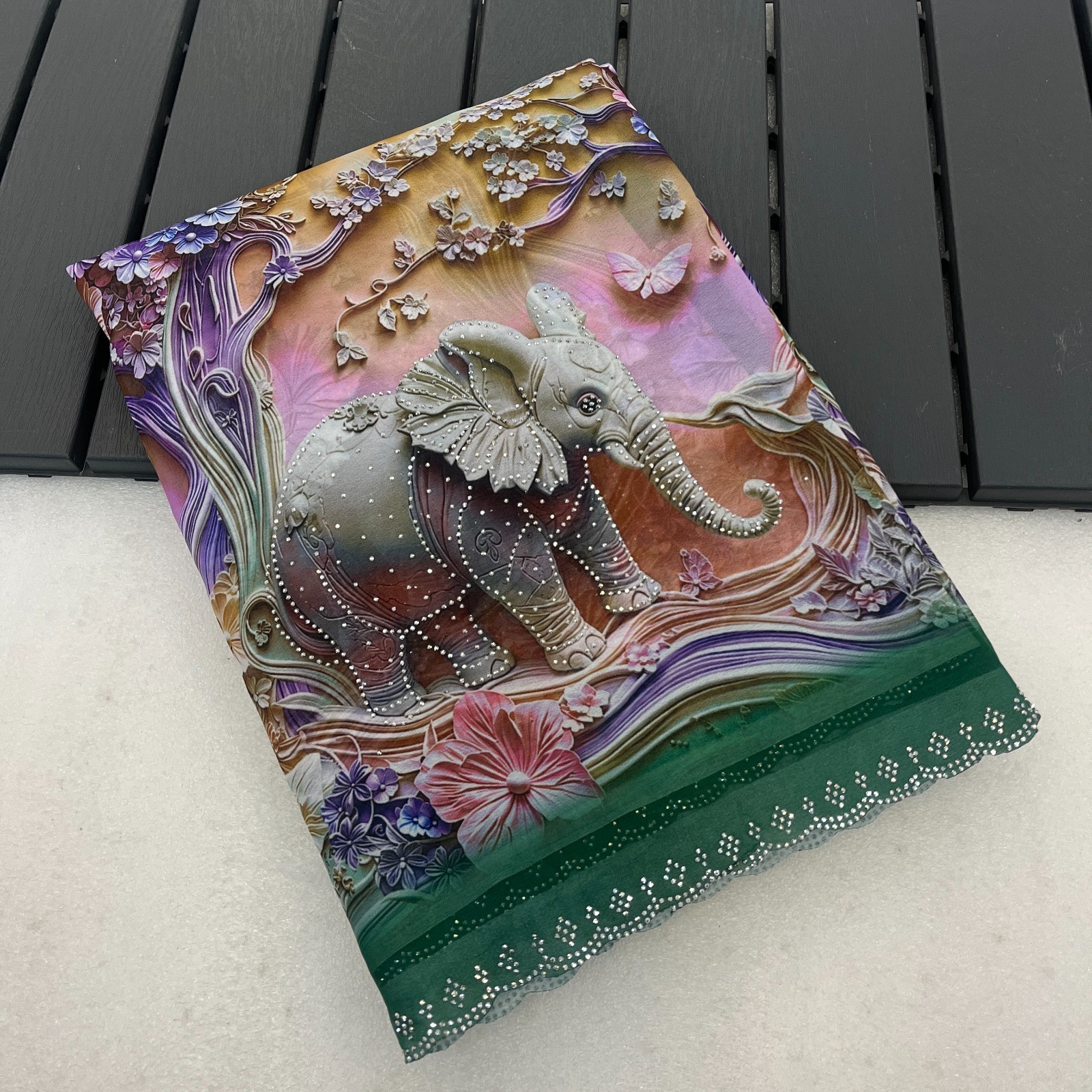 Women’s Green Weightless 3D Digital Elephant Print Swarovski Work Party Wear Sar