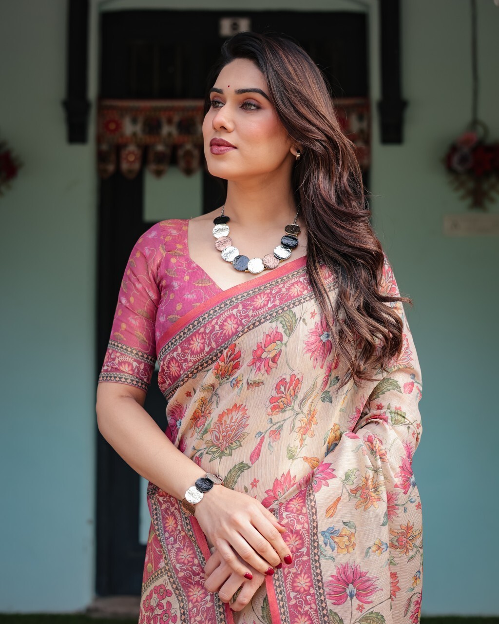 Floral Print Handloom Cotton Linen Saree (Multicolor)