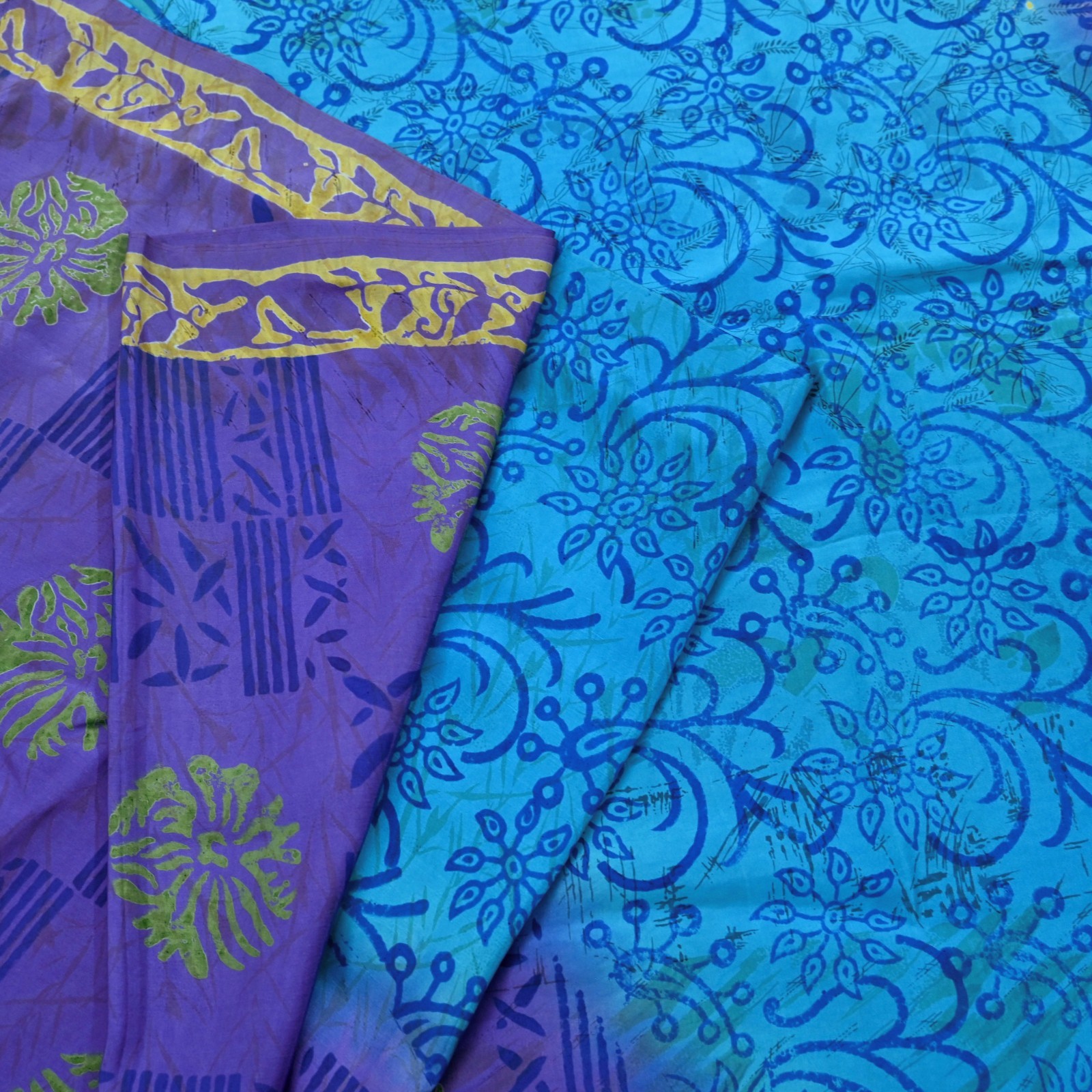 Vintage Sari Purple & Blue Pure Silk Printed Saree 6yd Sewing Craft Fabric Soft