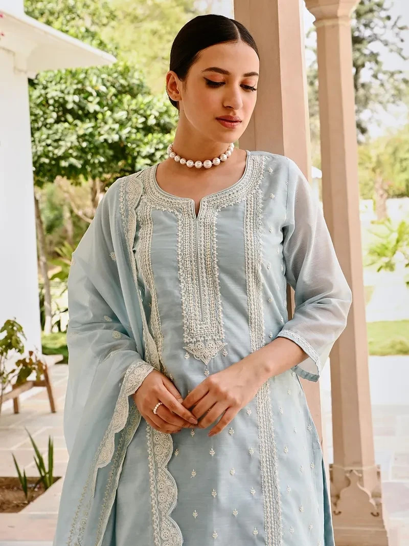 Elegant Light Blue Embroidered Kurta Set for Women with Dupatta | (NF-13)