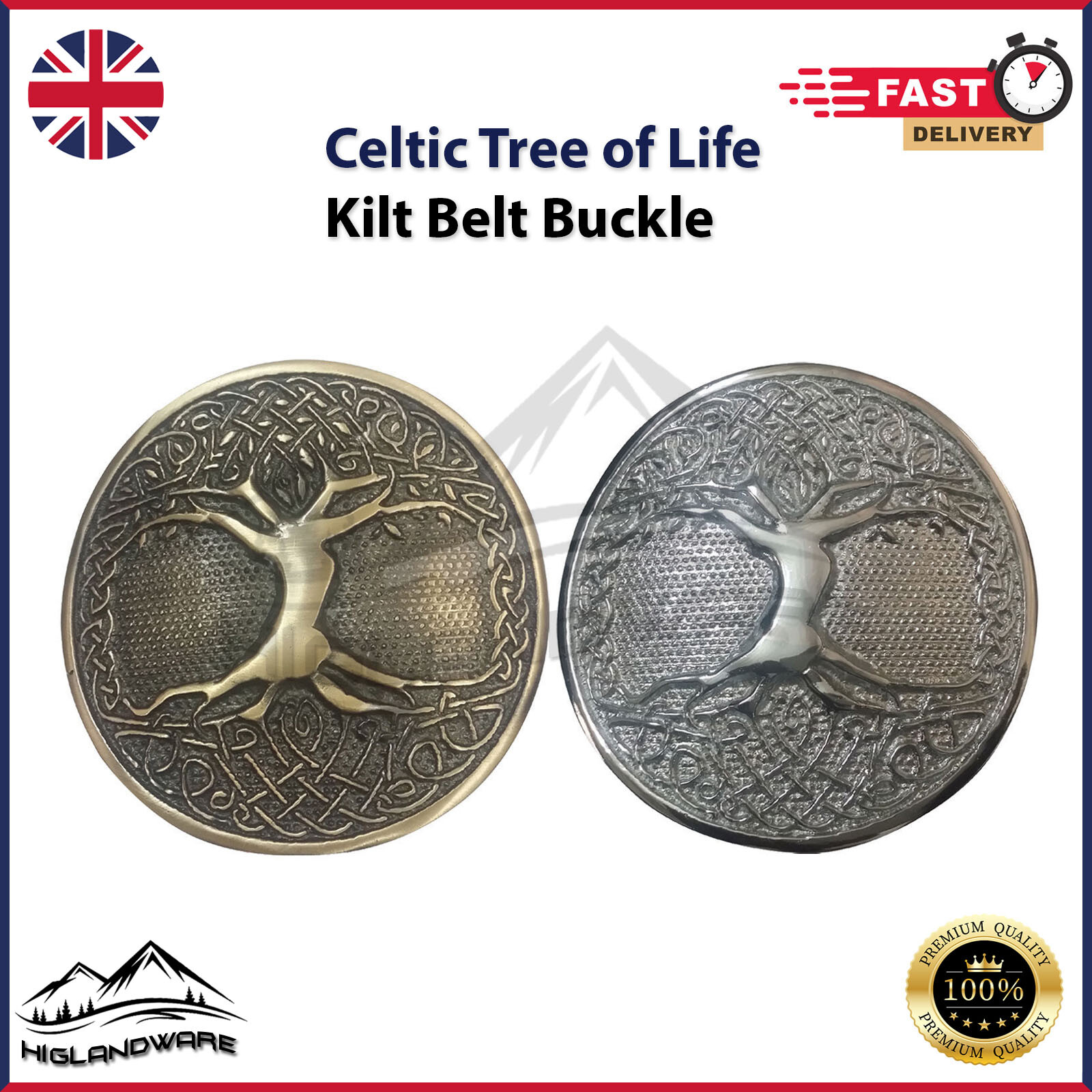 Kilt Belt Buckles Scottish Highland Tree Of Life Round Buckle Chrome, Antique
