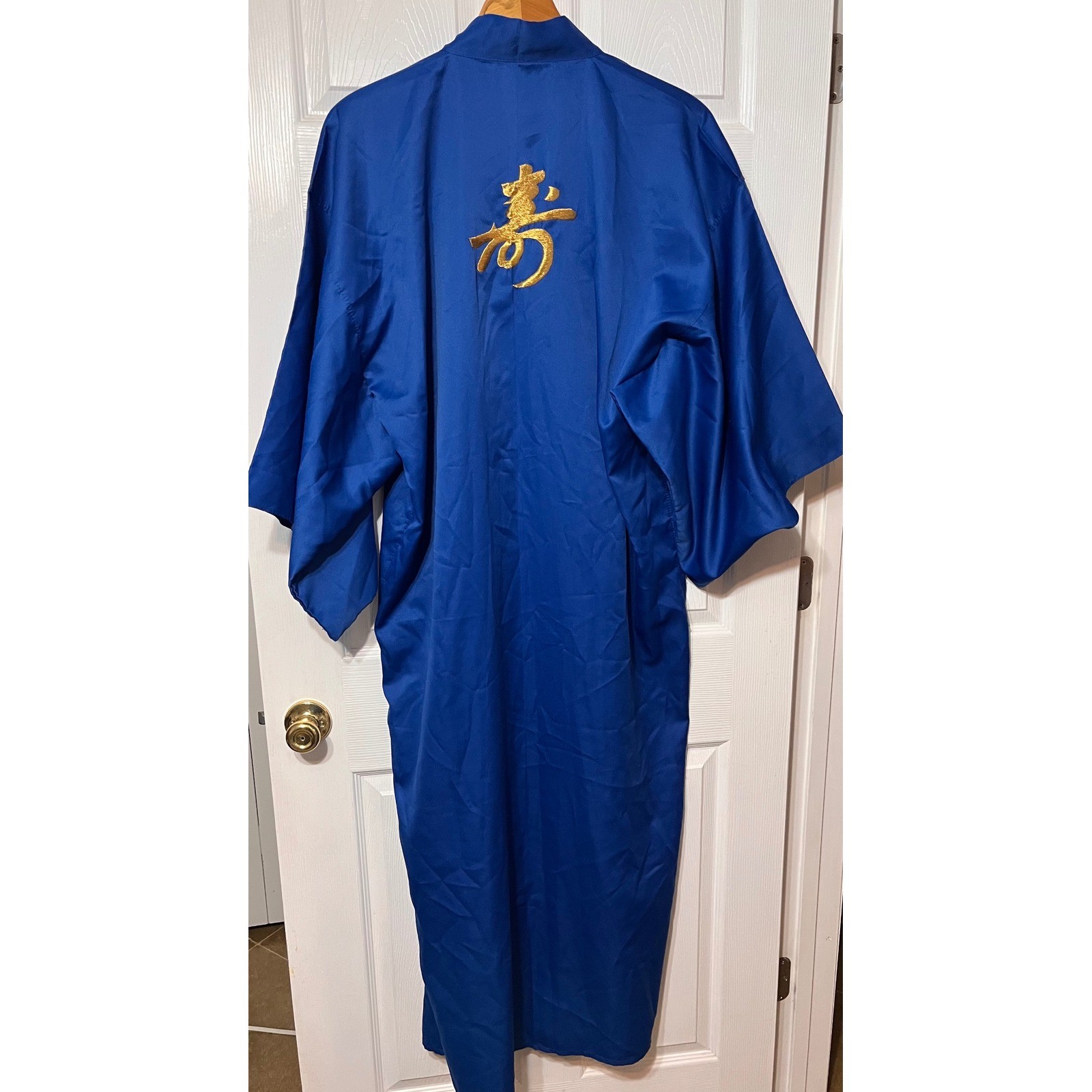 Vintage Made in Japan Royal Blue Kanji Embroidered Kimono Robe Long Gold Detail