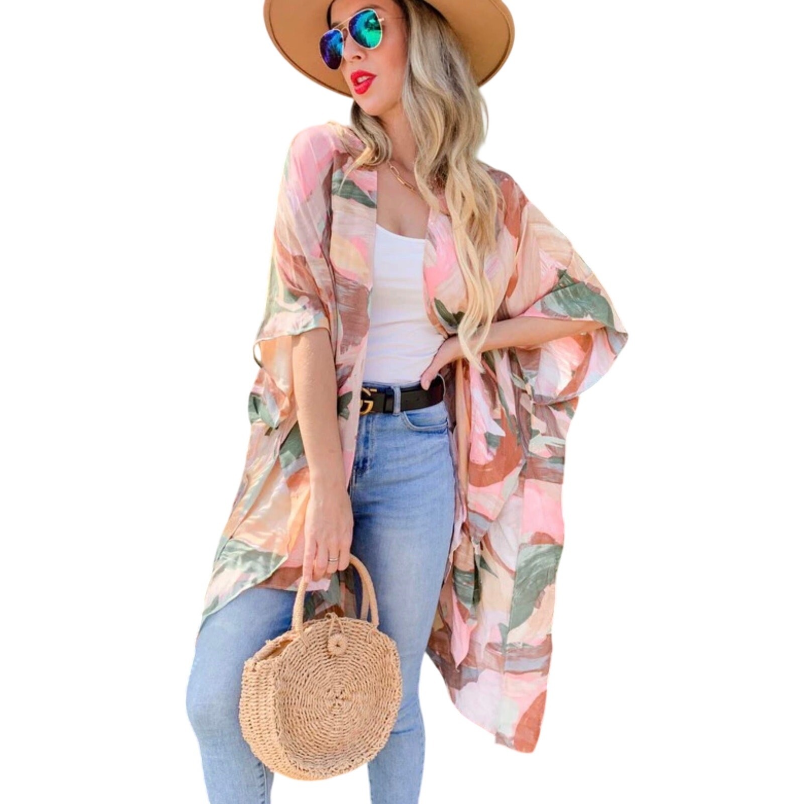 Pink Multi Printed Open Front Kimono Cardigan Cover Up One Size Fits