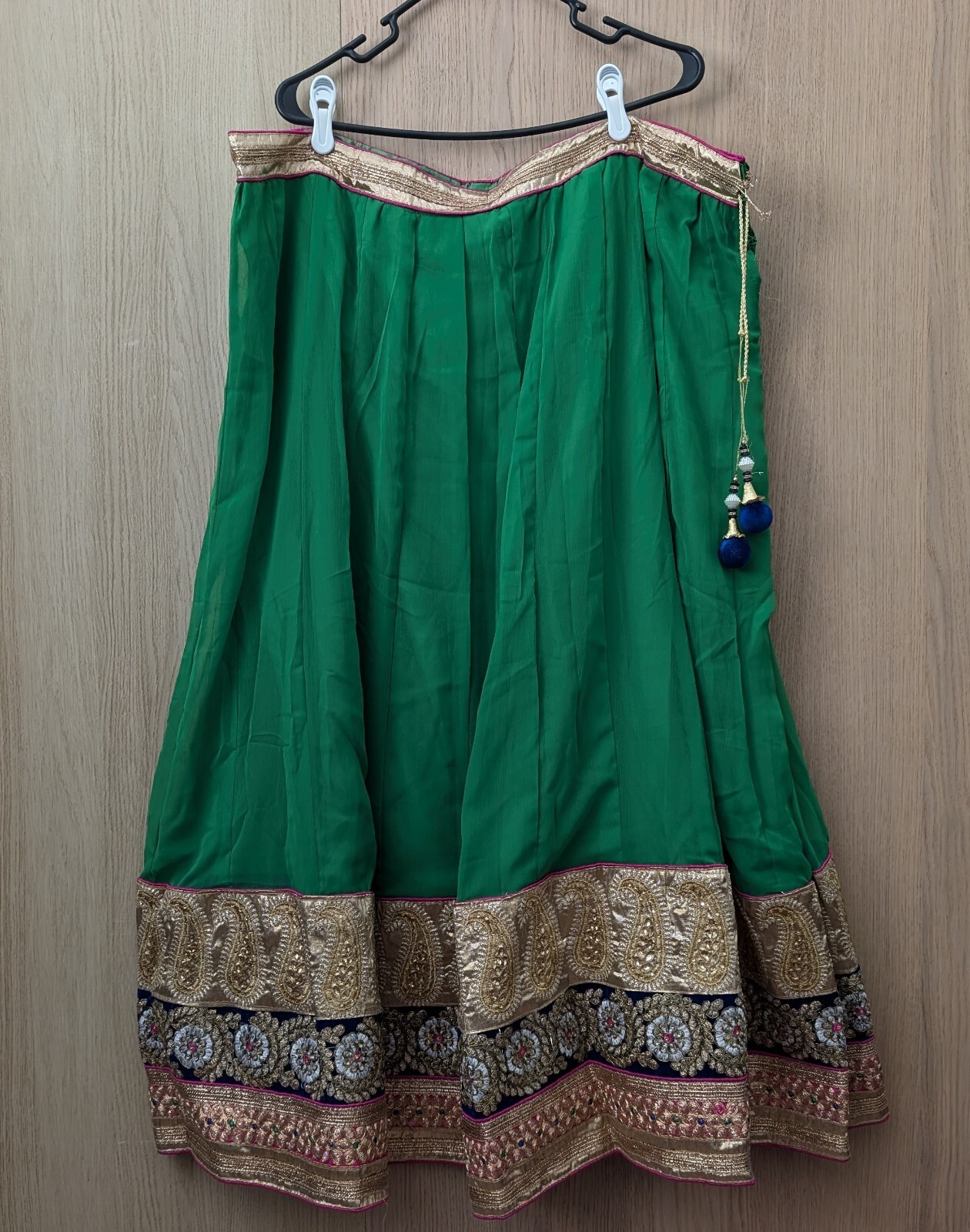 NEW Garba Lehenga Choli XL Sz 40 Parrot Green Blue Gold Wedding Indian Party