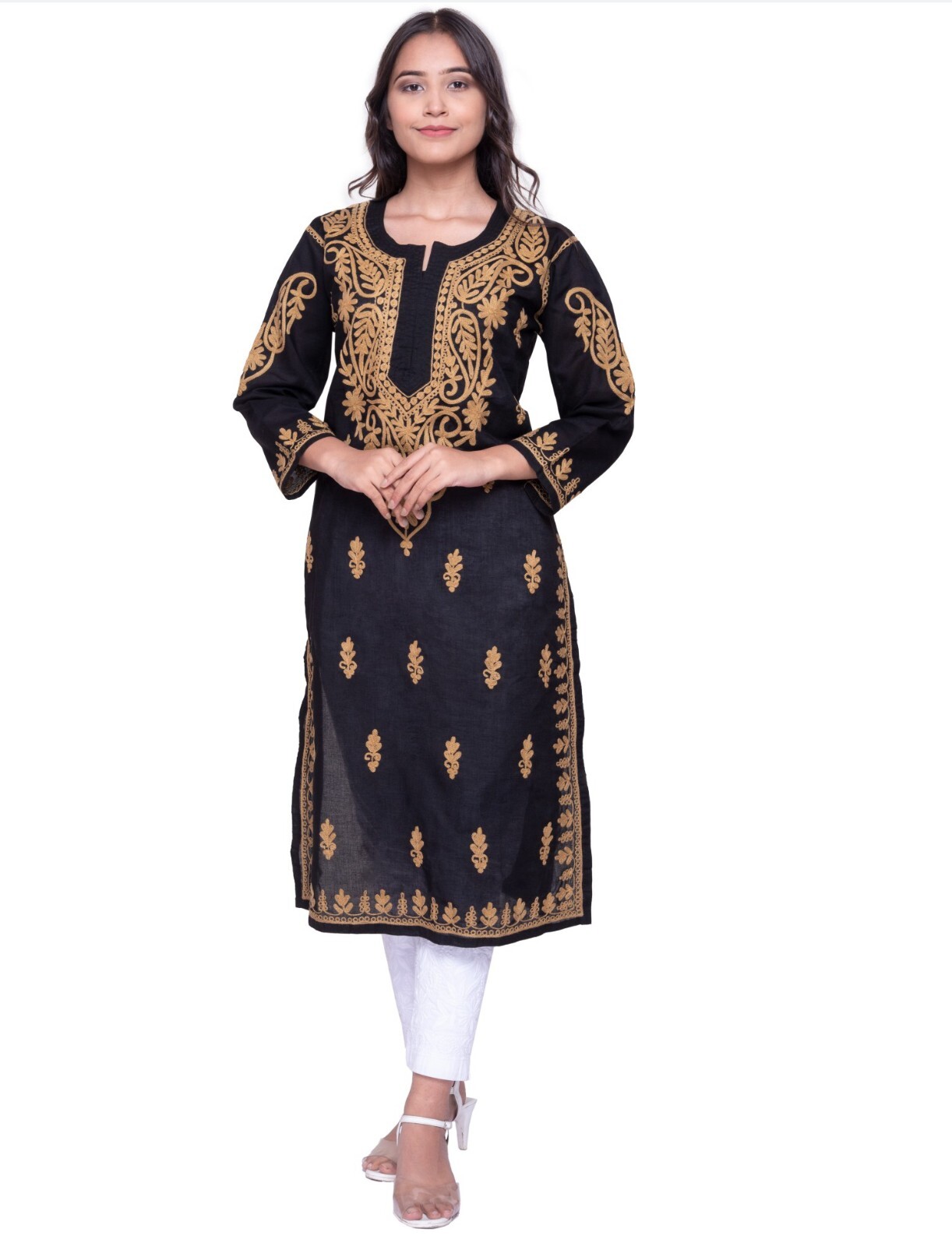 Chikankari kurti aari work black color soft cotton fabric festive & daily wear