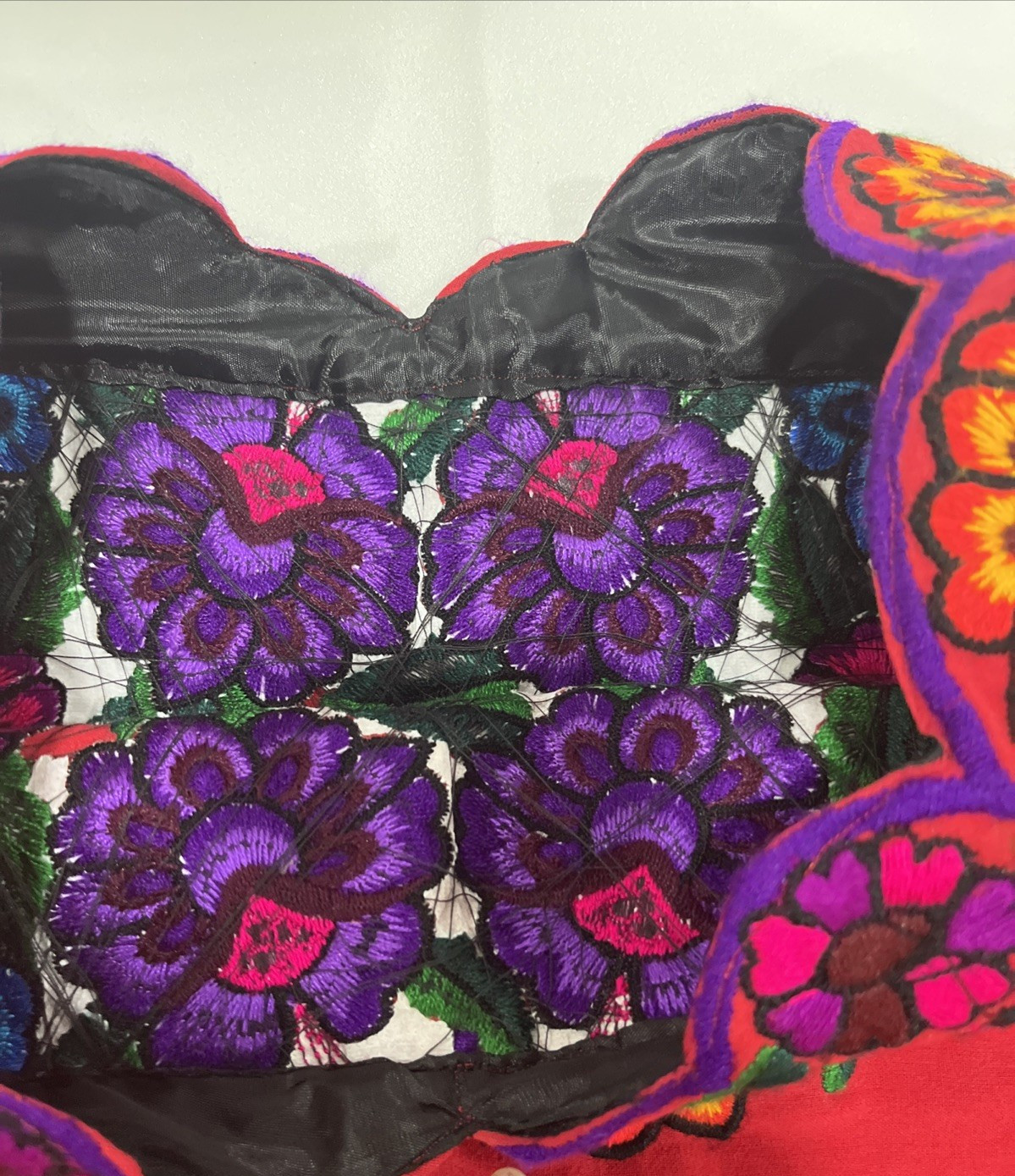 Mexican Blouse Very Large Red Embroidered Floral Hand Stitched-READ