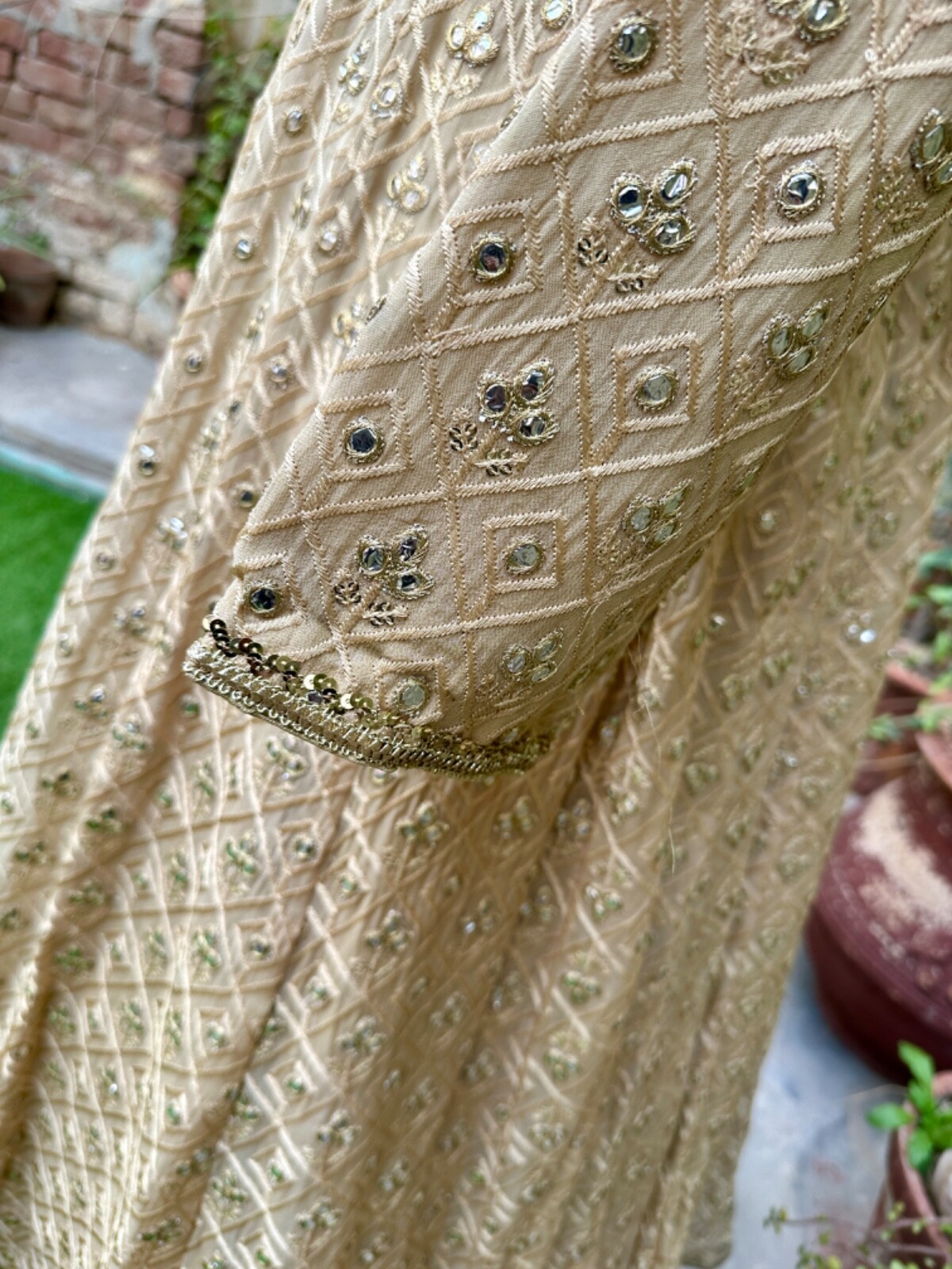 Pakistani Beige double Long Maxi Style Embroidered Sequins Chiffon Dress,L#1