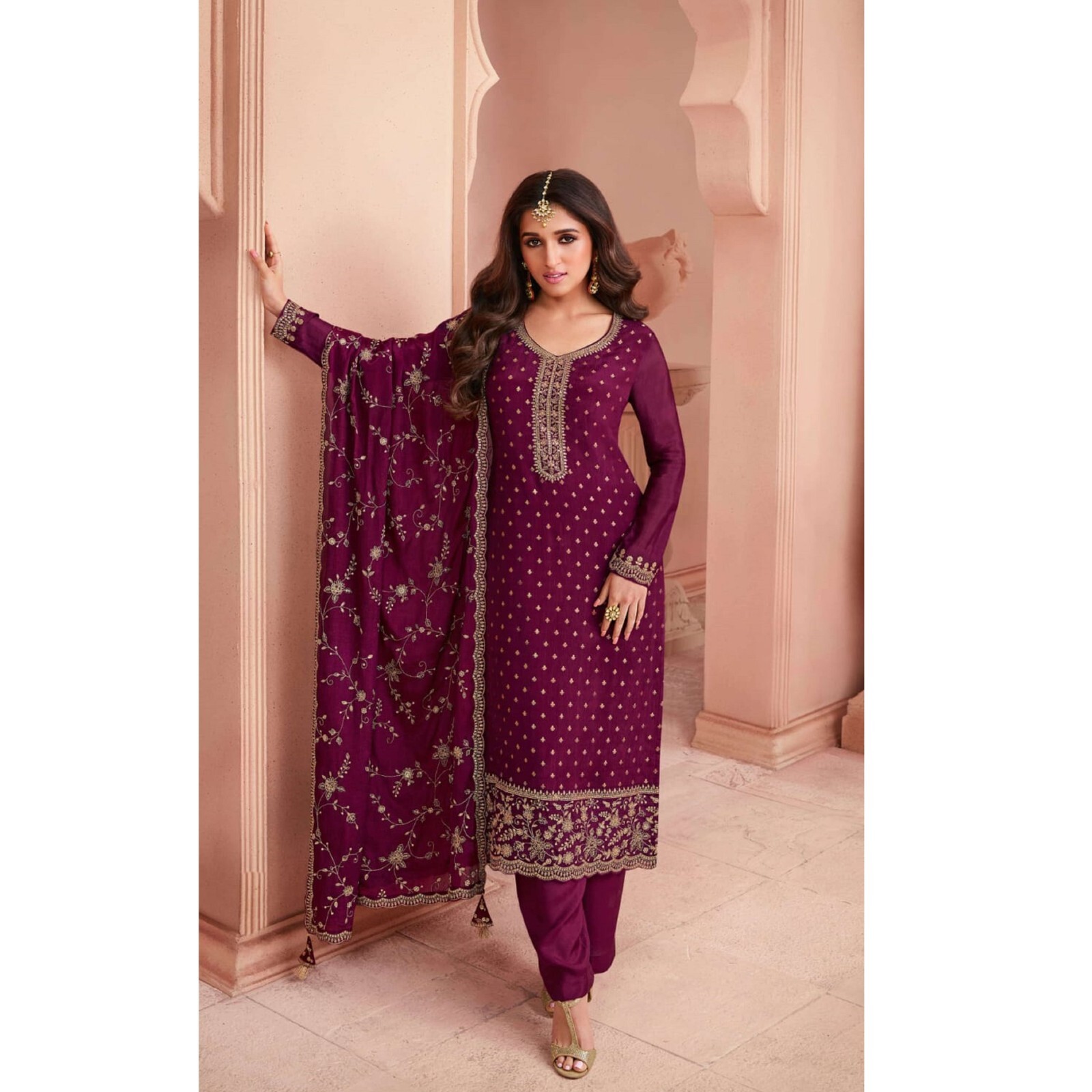 Amusing Purple Color Designer Salwar Kameez Trouser Pant Suit With Heavy Dupatta