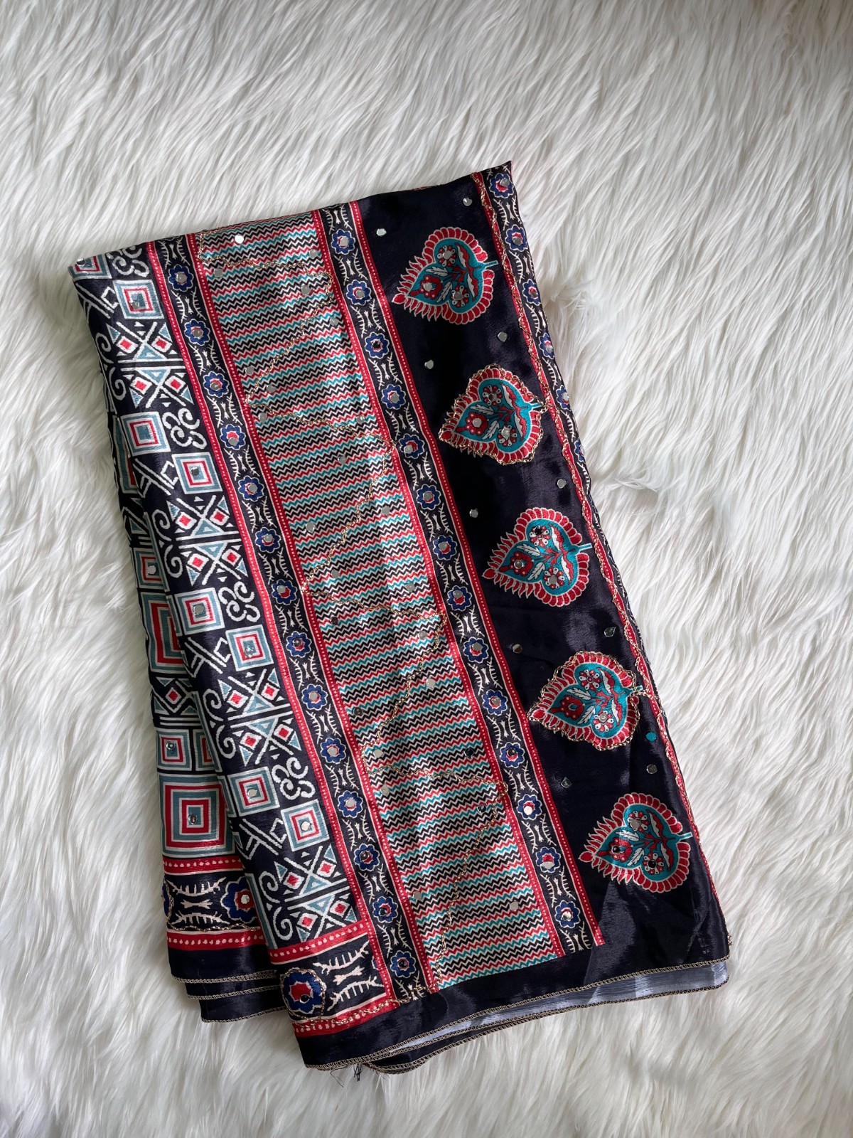 Premium Chinnon silk saree with Ajrakh print on the sari,Designer Bollywood Sari