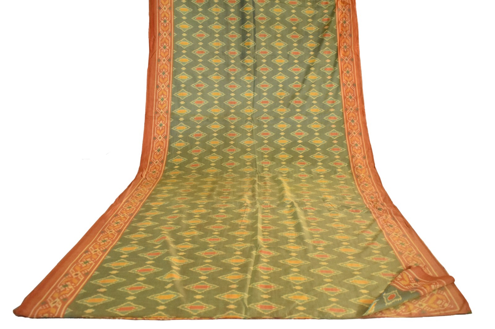 FNC Vintage Green Sambalpuri Ikat Sarees Handwoven Art Silk Sari Fabric Antique