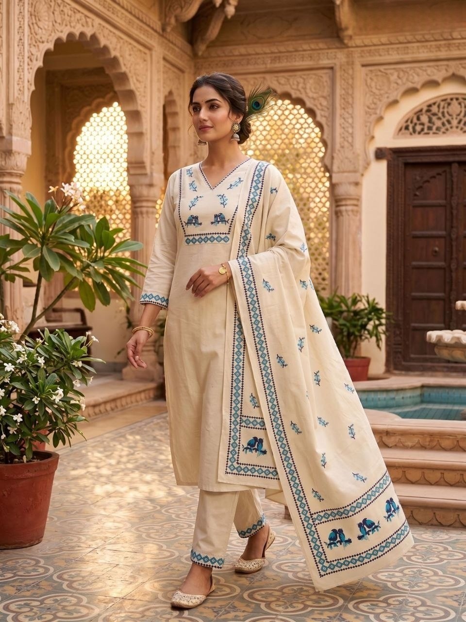 Indian Women Khadi Cotton Anarkali Kurta Pant Dupatta Set Kurti Salwar Kameez