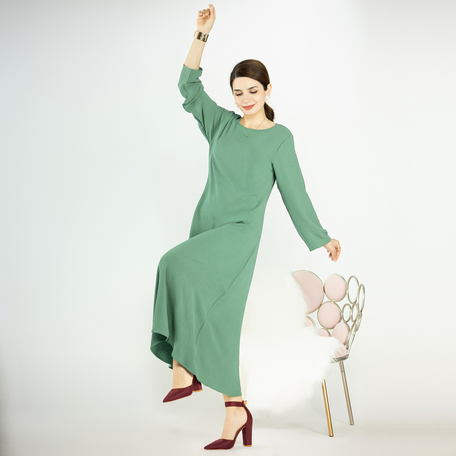 New Muslim Womens Simple Solid Color Long Sleeve Abaya Loose Robe Kaftan