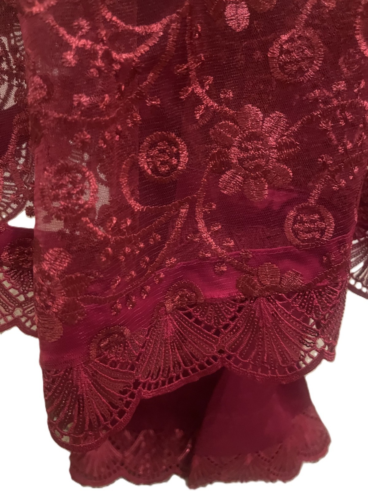 Ladies New Maroon sheer Poncho Caftan Cape style lace net tunic shirt & pants S