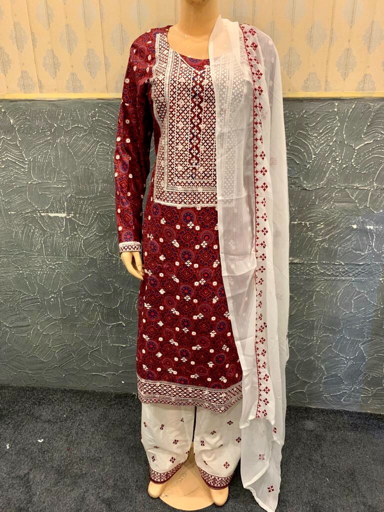 Pakistani Maroon Ajrak Printed Straight Shirt 3-PCS Lawn Dress, Threadwork,L#1