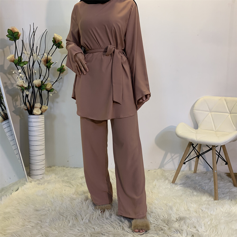 Muslim Long Sleeve Top Pant 2pcs Set Abaya Women Kaftan Dress Islamic Clothing