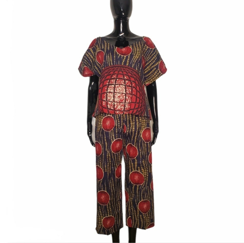 Ankara Print Women Maroon, Blue, and Gold Shirt and Pants Outfit