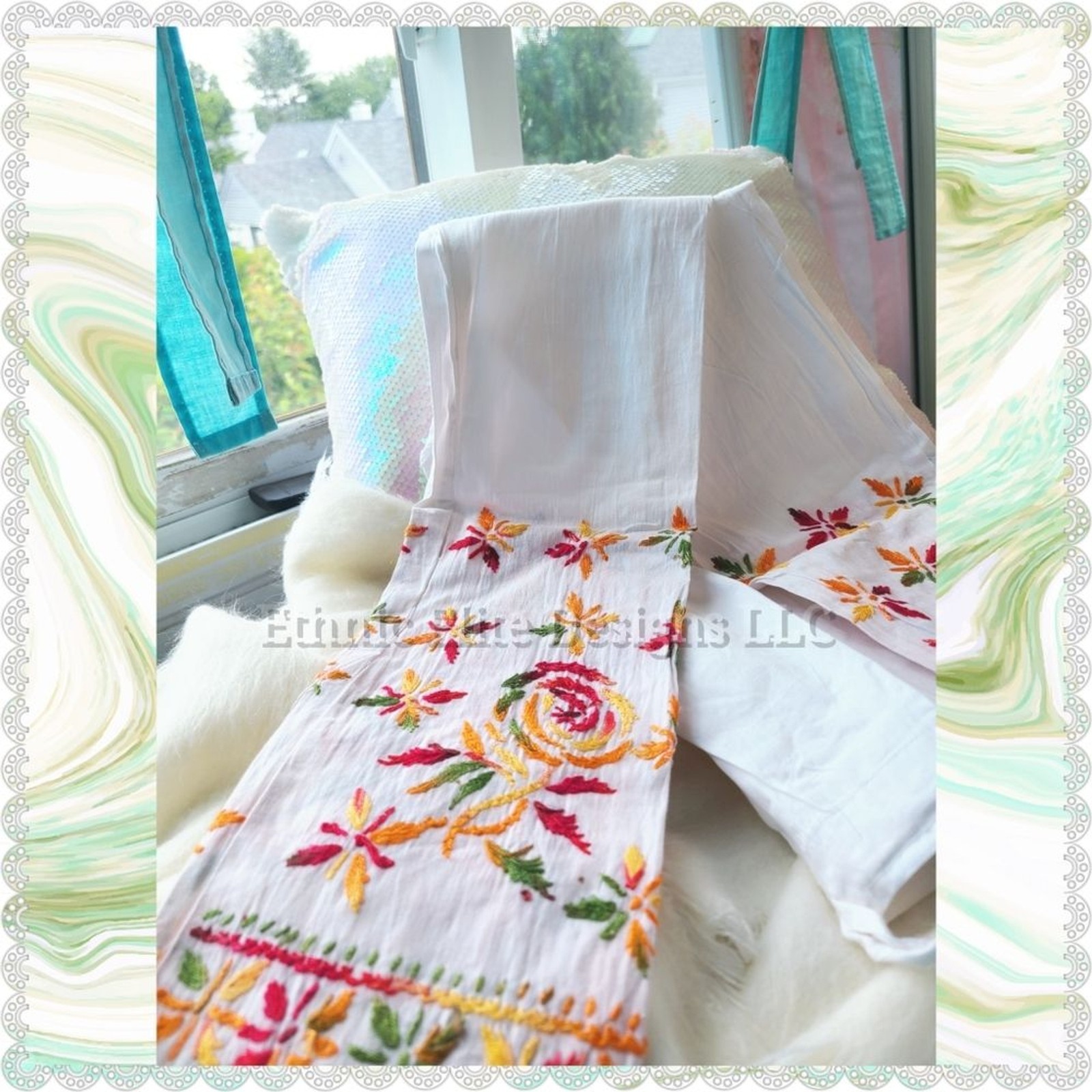 New White multi color embroidered ankle pants with drawstring Size Small