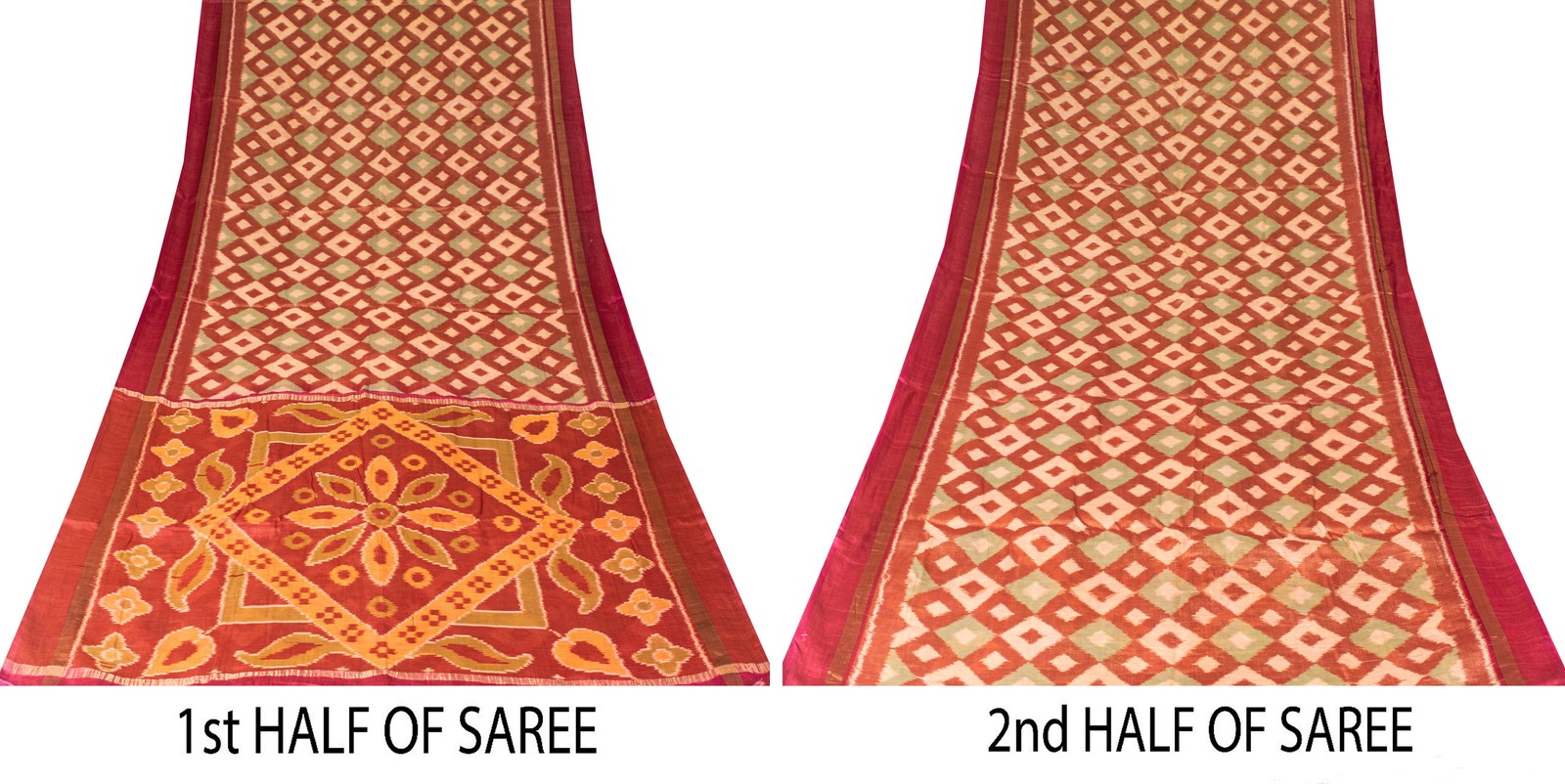 Sanskriti Vintage Dark Red Cotton Silk Sarees Ikat Hand Woven Sambhalpuri 5.5 Yd