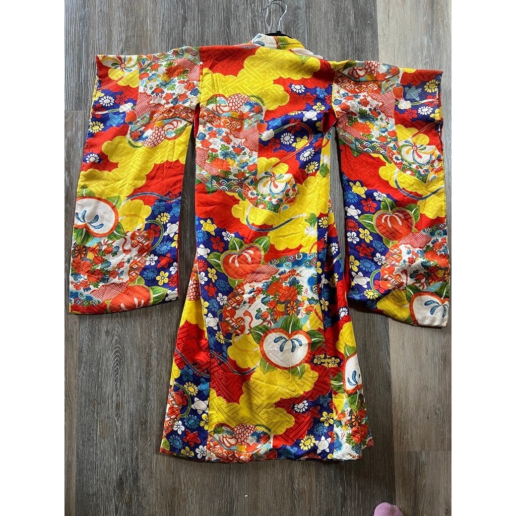 Vintage 70s Handmade Kimono Robe Japanese Childrens Multicolor Floral Fruit