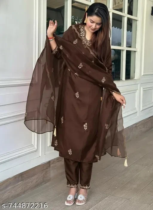 Embroidered Work Cotton Silk Readymade Salwar Suit in Coffee Brown for Women