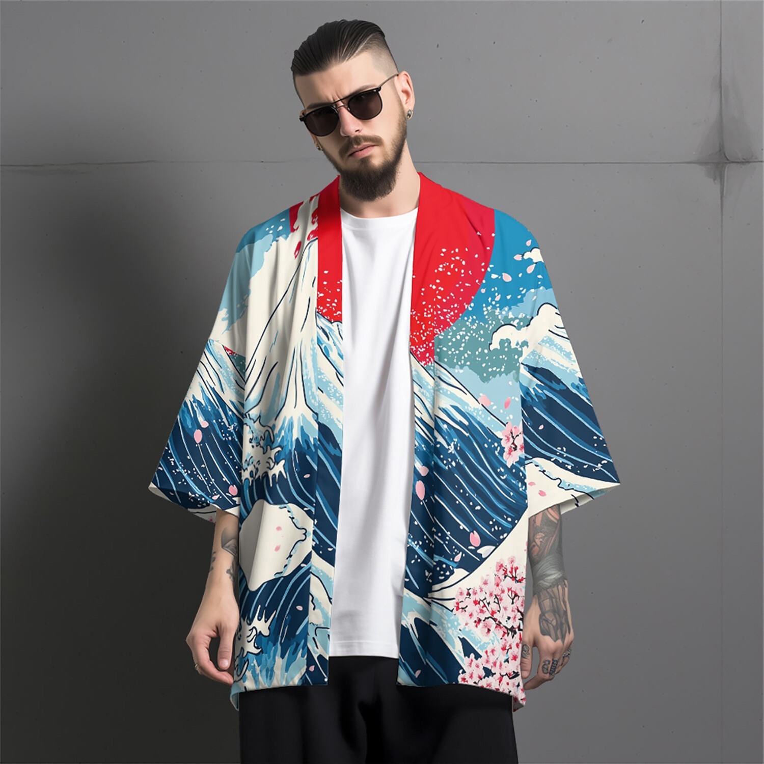 Niepce Men’s Japanese Graphic Lightweight Fuji Waves Kimono Cardigan Shirt Top