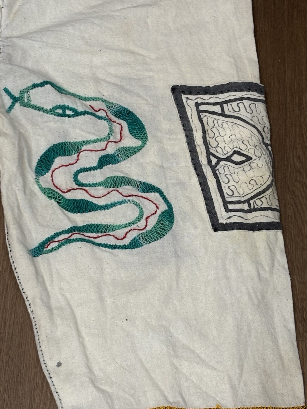 Peruvian Shipibo Conibo Style Handmade Embroidered Jaguar Snake Drawstring Pants