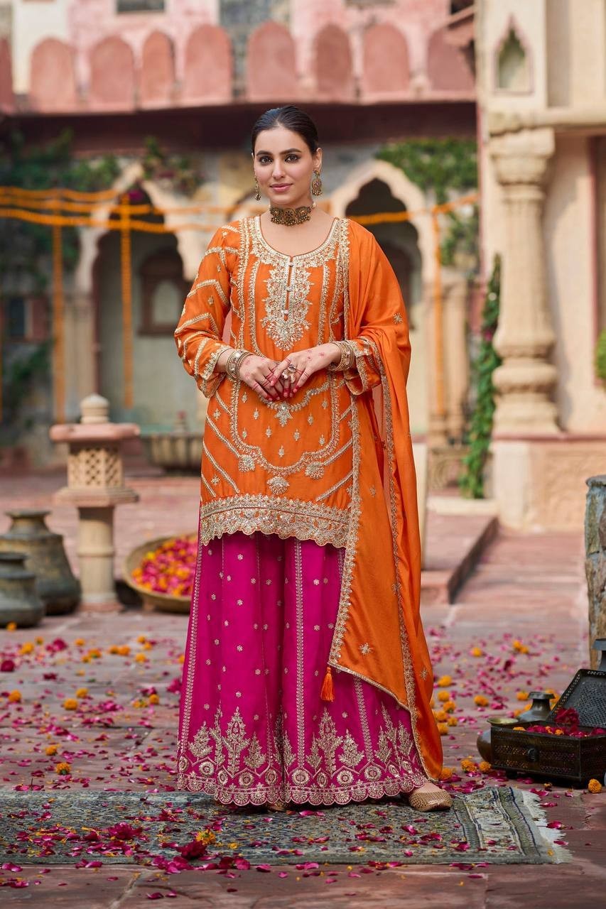 Exclusive Chinon Silk Orange Top Palazzo With Dupatta For Wedding Wear