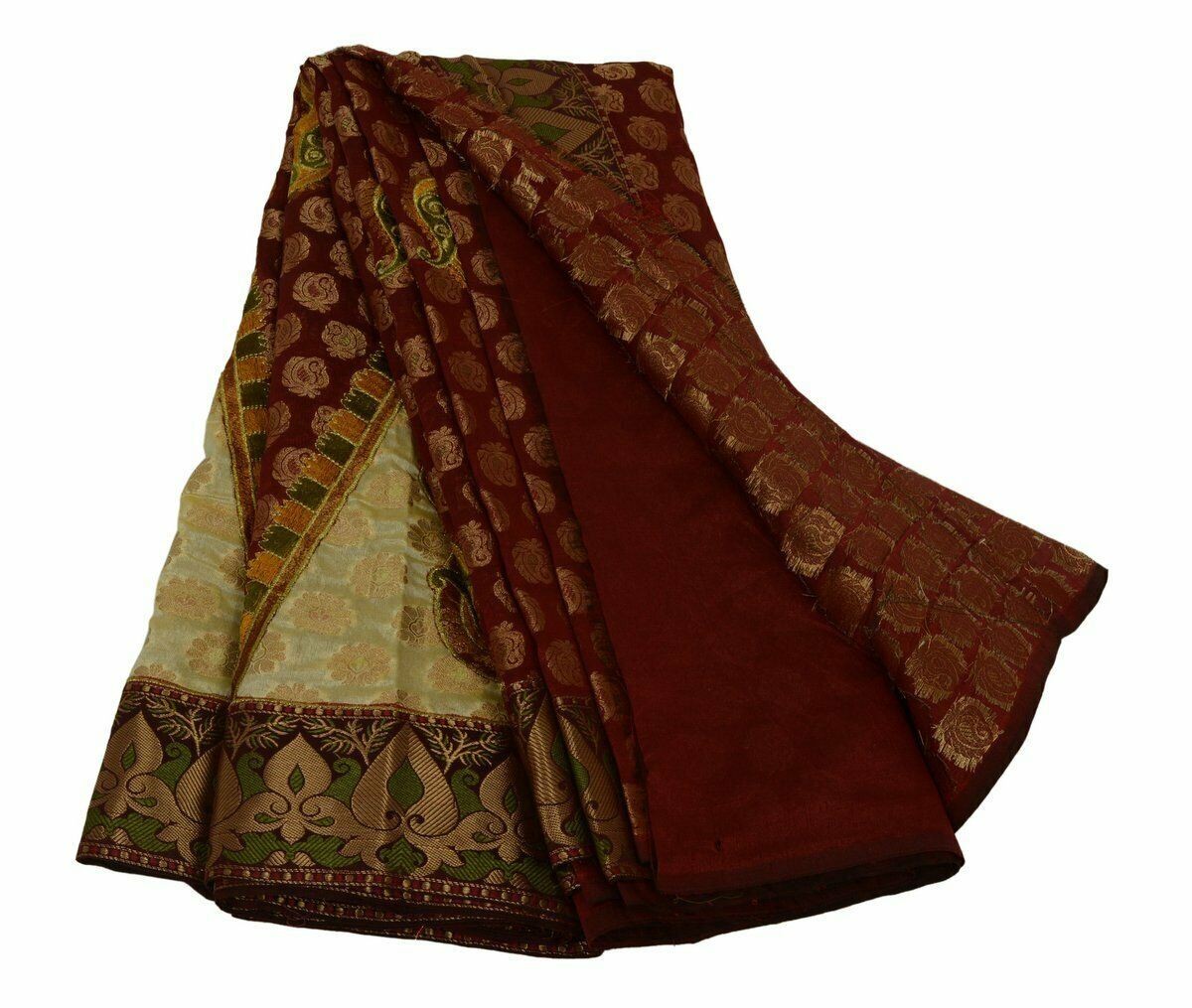 Indian Saree Embroidered Banarasi Chanderi Patch Work Brocade Border Sari Maroon