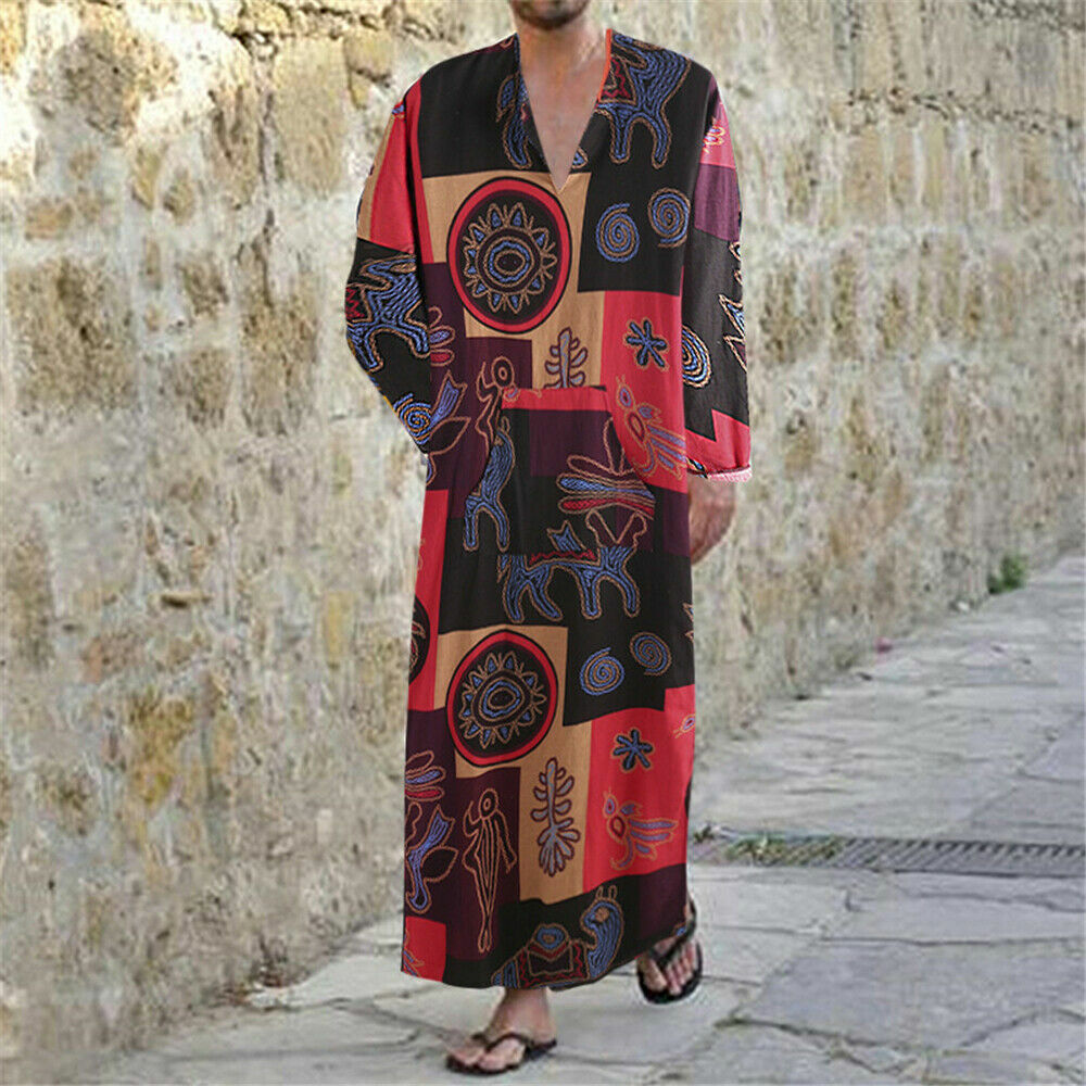 Men’s Long Sleeve Muslim Clothing Saudi Jubba Arab Kaftan Thobe Long Dress Robe