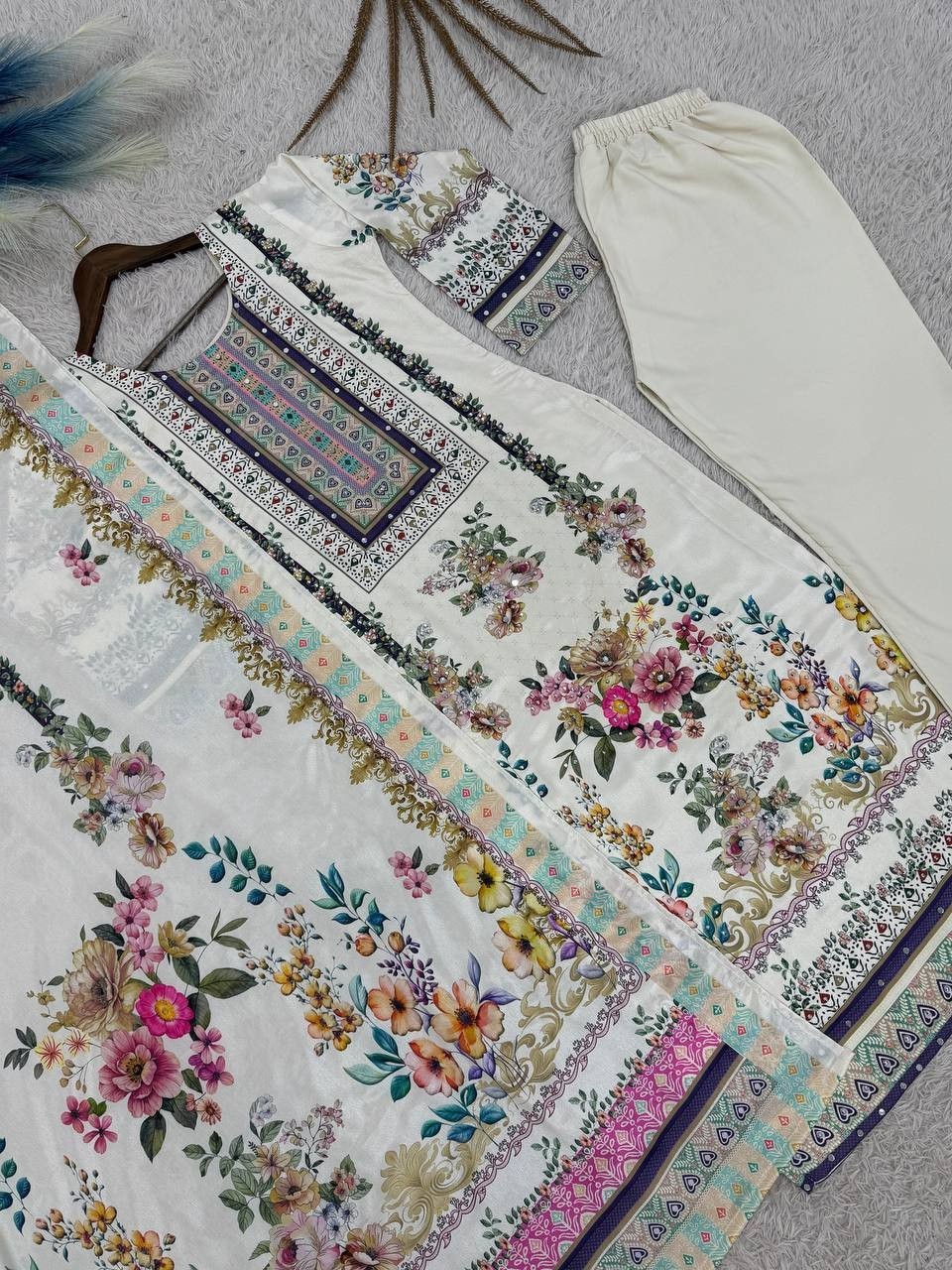 Stylish Off-White Heavy Chinon Silk Top Palazzo With Dupatta For Wedding Wear