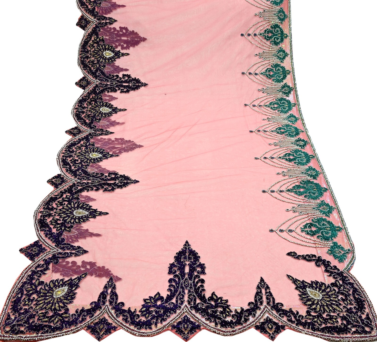 Vintage Heavy Sari Peach Net/Mesh Hand Embroidered Sarees Craft Fabric 5Yd
