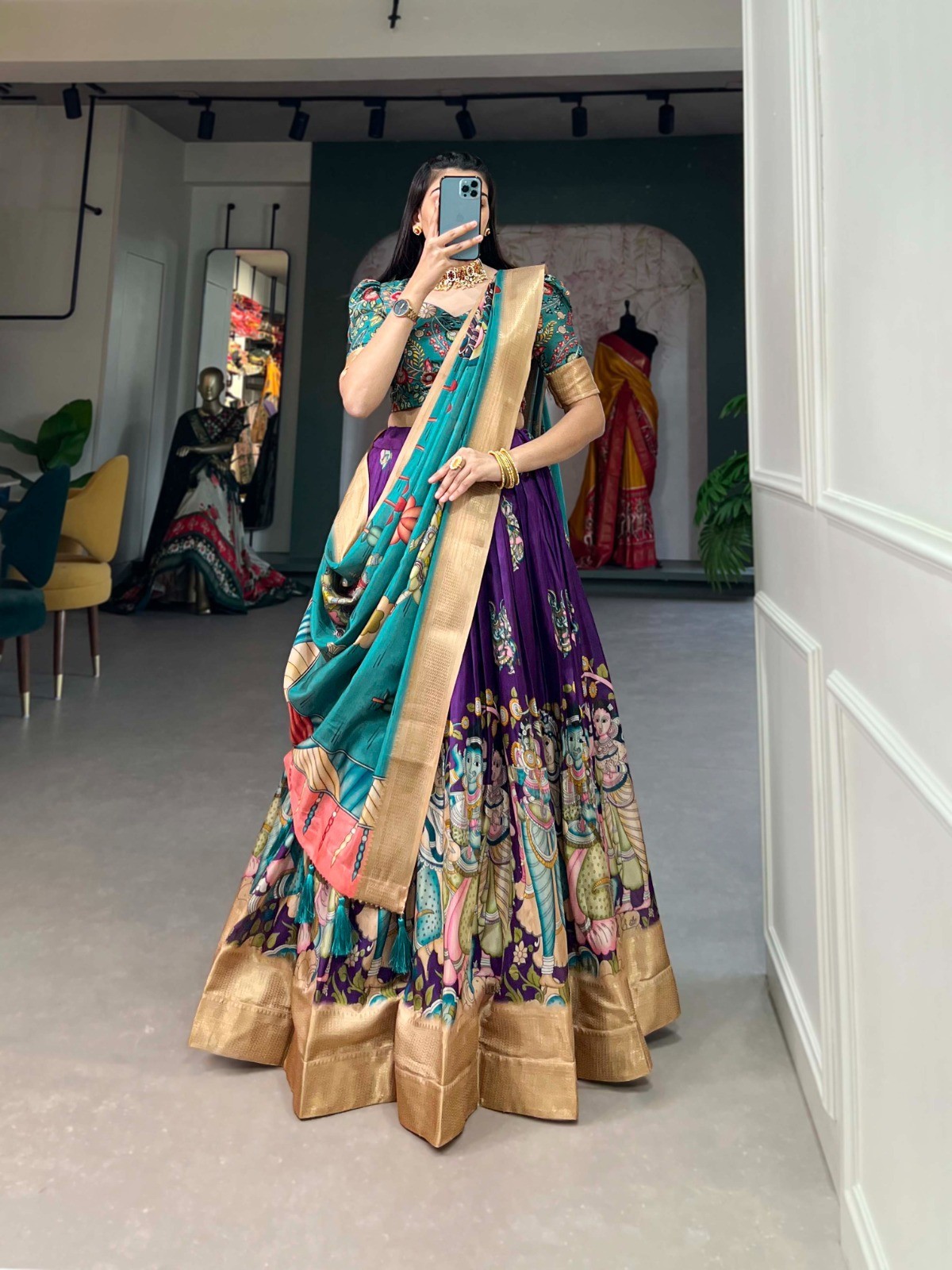 Indian Traditional Lehenga Choli Set Dola Silk Kalamkari Print Dupatta