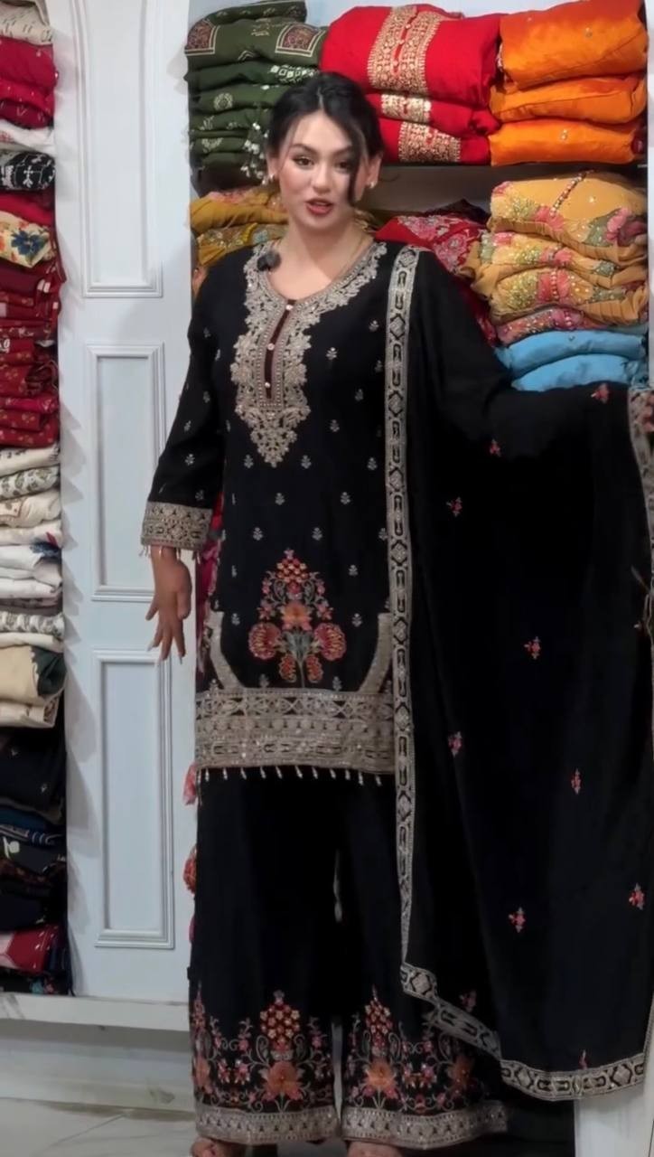 Stunning Look Black Star Georgette Kurta Palazzo With Dupatta For Women