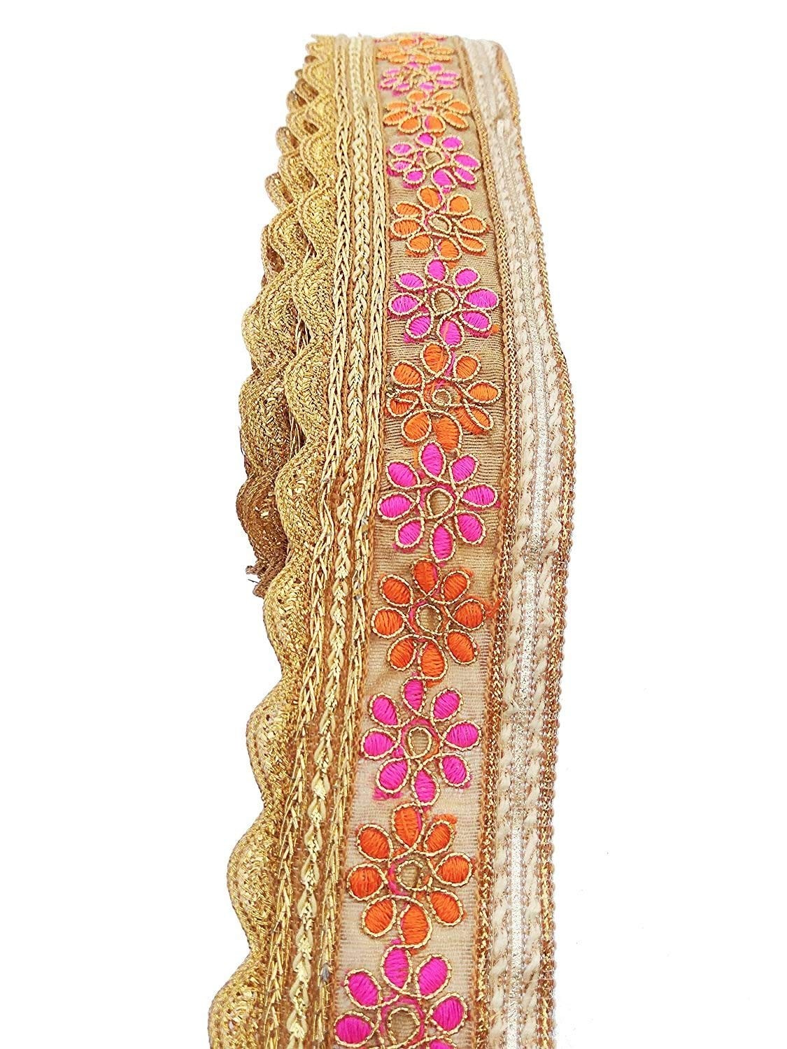 Orange & Pink Flower Cutting Design Embroidery Heavy Work Trim Lace Border 9 mtr