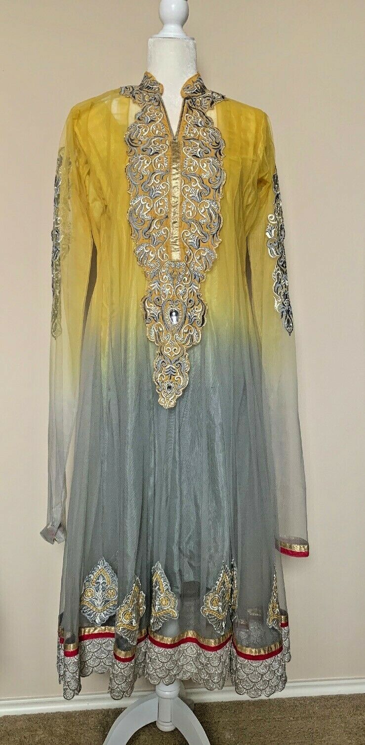 Womens yellow and gray formal kameez anarkali desi 3 Pc Party Pakistani L Eid