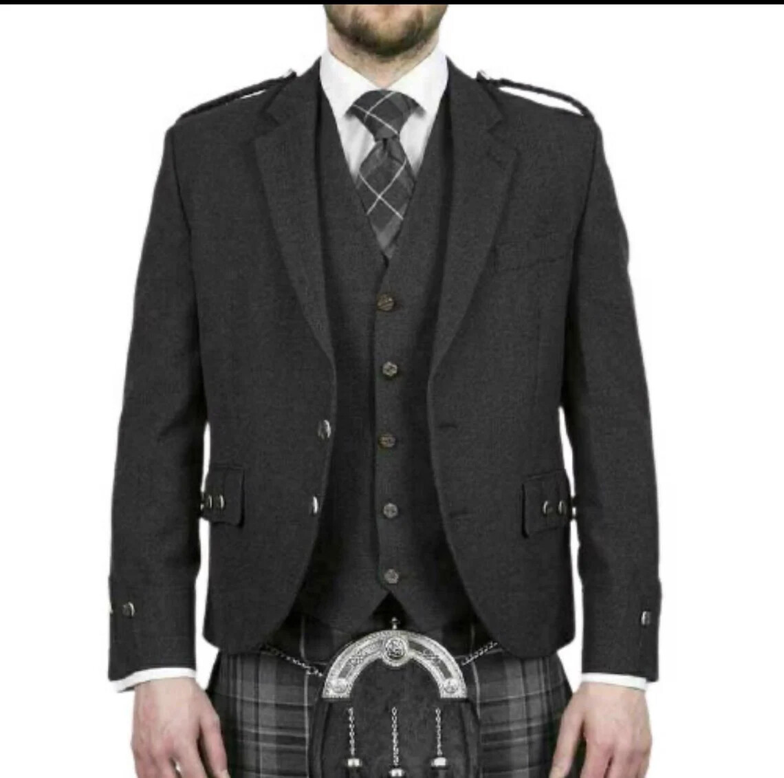 Men’s Scottish Charcoal grey wool Argyle kilt jacket with 5 button waistcoat