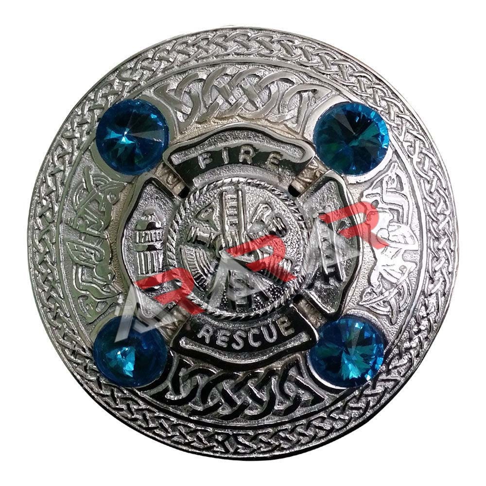 AAR Kilt Fly Plaid Brooch with Firefighter Sky Blue Stones Chrome Finish 4″ New