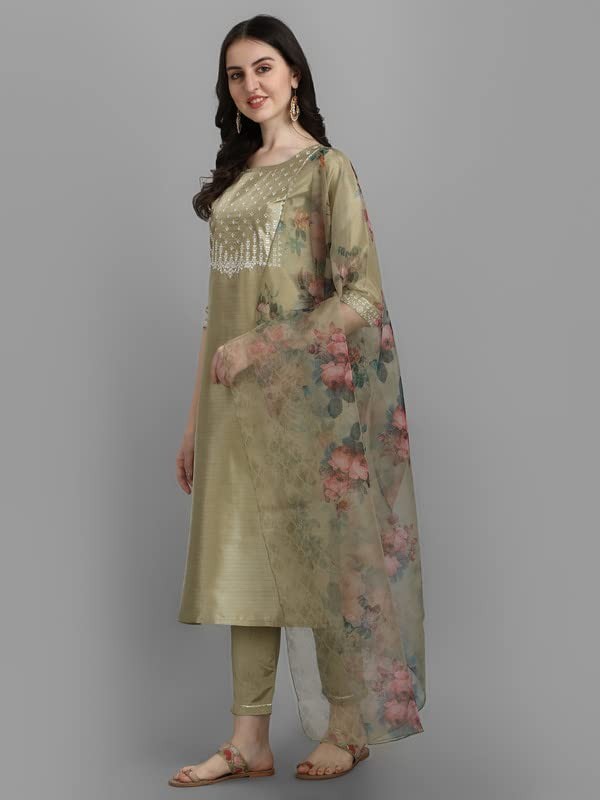 Women’s Silk Blend Embroidered Straight Kurta Pant Set with Organza Dupatta