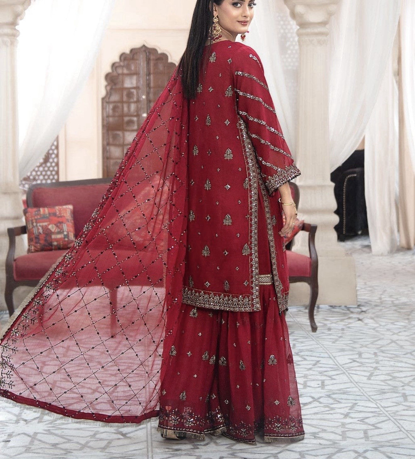 Luxury Chiffon Crimson Royale Sharara Set
