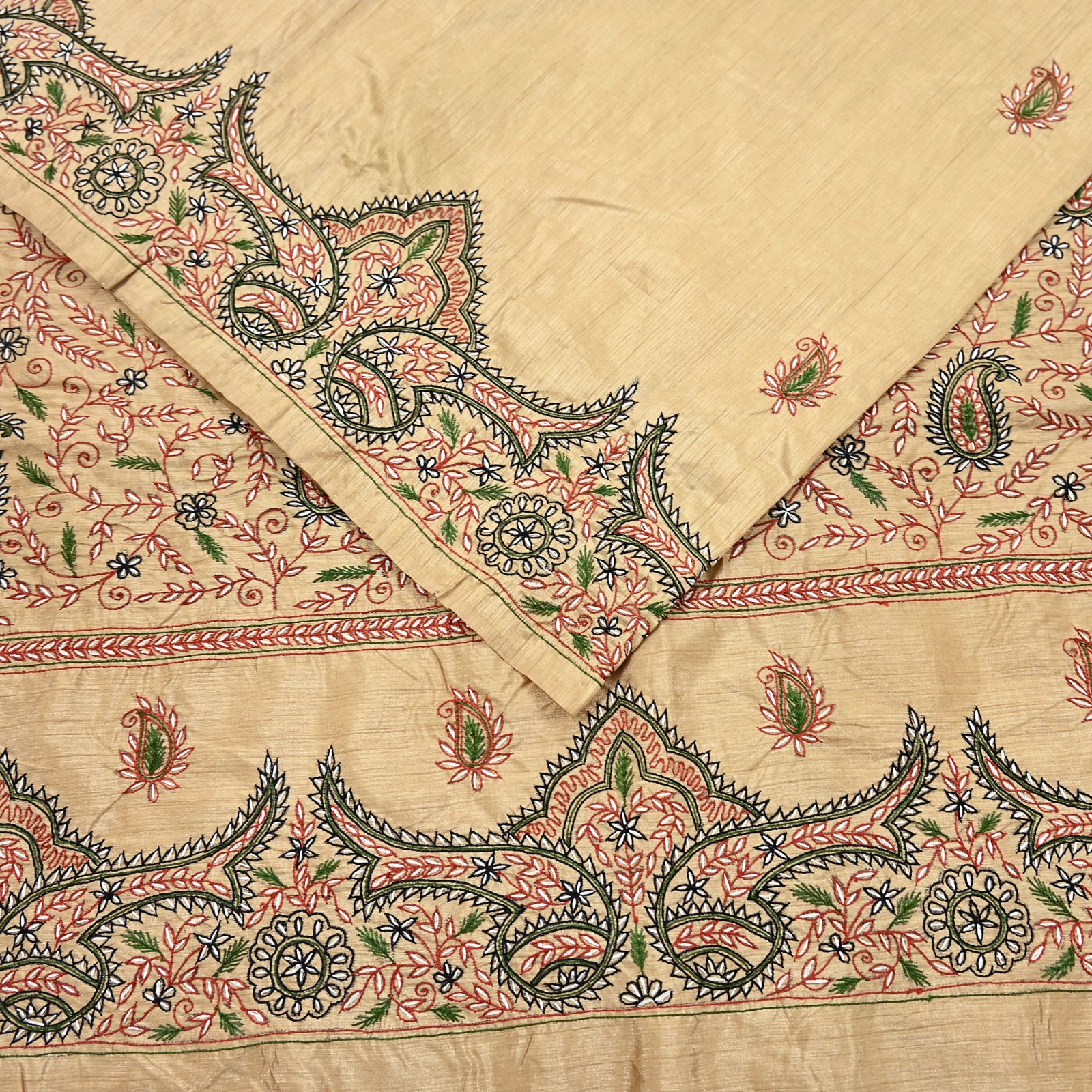 Indian Vintage Sari Beige Artificial Silk Hand Embroidered Sarees Craft Fabric 5